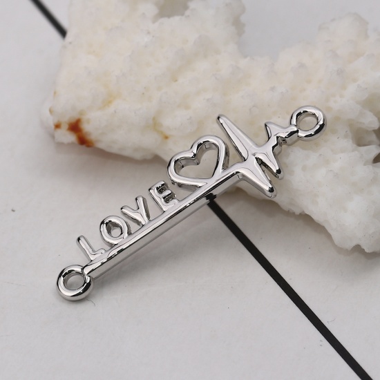 Picture of Zinc Based Alloy Connectors Heartbeat/ Electrocardiogram Silver Tone Heart " LOVE " 34mm x 12mm, 10 PCs