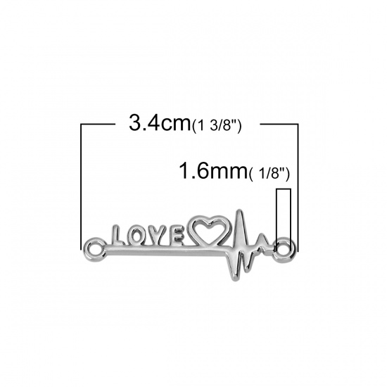 Изображение Цинковый Сплав Коннекторы фурнитуры Электрокардиограмма Серебряный Тон Сердце С узором Сообщение " LOVE " 34мм x 12мм, 10 ШТ