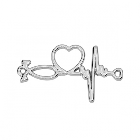 Immagine di Lega di Zinco Connettore Accessori Gesu Cristo Ichthus Pesce Simbolo Tono Argento IL Battito Cardiaco /Dell 'elettrocardiogramma Disegno 34mm x 19mm, 10 Pz