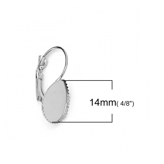 Picture of Brass Lever Back Clips Earrings Drop Silver Tone Cabochon Settings (Fits 14mmx10mm) 29mm x11mm(1 1/8" x 3/8") - 26mm x11mm(1" x 3/8"), Post/ Wire Size: (20 gauge), 10 PCs