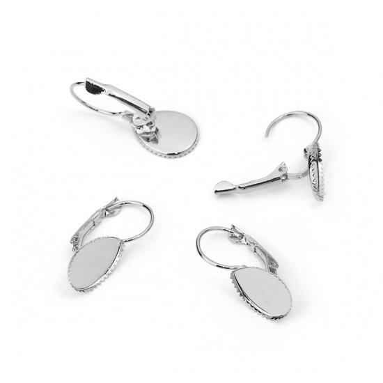 Picture of Brass Lever Back Clips Earrings Drop Silver Tone Cabochon Settings (Fits 14mmx10mm) 29mm x11mm(1 1/8" x 3/8") - 26mm x11mm(1" x 3/8"), Post/ Wire Size: (20 gauge), 10 PCs