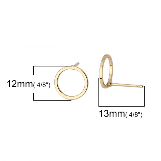 Picture of Brass Ear Post Stud Earrings 18K Real Gold Plated Circle Ring 12mm( 4/8") Dia., Post/ Wire Size: (20 gauge), 6 PCs                                                                                                                                            
