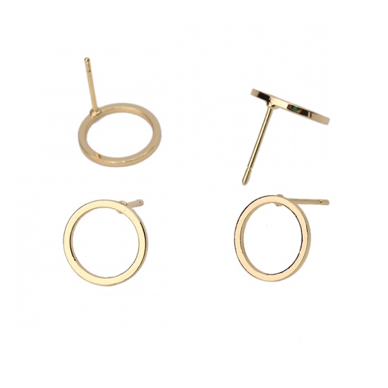 Picture of Brass Ear Post Stud Earrings 18K Real Gold Plated Circle Ring 12mm( 4/8") Dia., Post/ Wire Size: (20 gauge), 6 PCs                                                                                                                                            