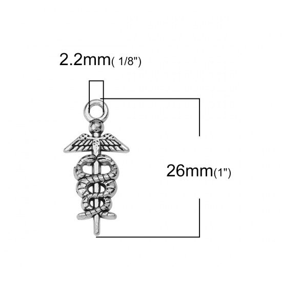 Picture of Zinc Based Alloy Charms Medical Symbol Caduceus Antique Silver Snake 26mm(1") x 12mm( 4/8"), 50 PCs