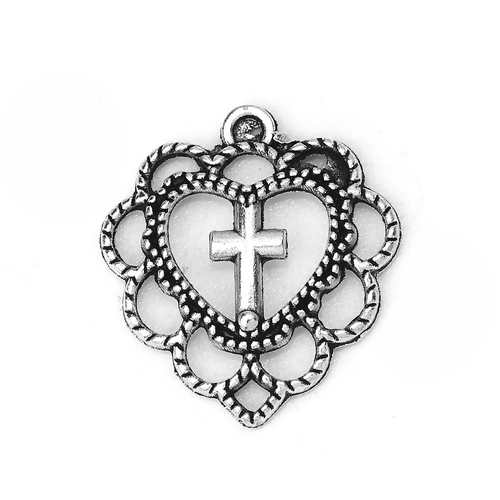 Picture of Zinc Based Alloy Charms Heart Antique Silver Color Cross 22mm( 7/8") x 20mm( 6/8"), 30 PCs