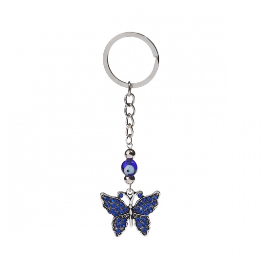 Bild von Schlüsselkette & Schlüsselring Schmetterling Antiksilber Böser Blick Evil Eye Blau Strass, 11cm x 3cm, 1 Stück