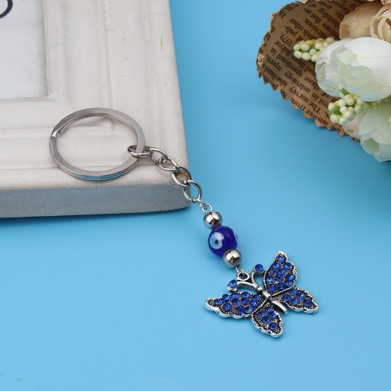 Picture of Keychain & Keyring Butterfly Animal Antique Silver Color Evil Eye Blue Rhinestone 11cm x 3cm, 1 Piece