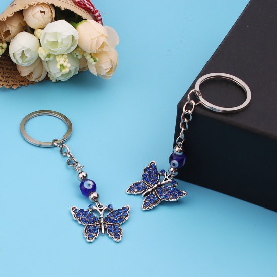 Picture of Keychain & Keyring Butterfly Animal Antique Silver Color Evil Eye Blue Rhinestone 11cm x 3cm, 1 Piece