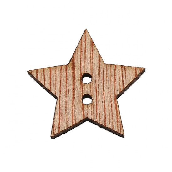 Imagen de Madera Terciada Botón de Costura Scrapbooking Dos Agujeros Estrellas de cinco puntos Natural 19mm x 18mm, 100 Unidades
