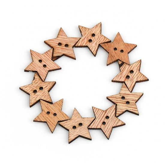 Picture of Natural Three-ply Board Sewing Buttons Scrapbooking Two Holes Pentagram Star 19mm( 6/8") x 18mm( 6/8"), 100 PCs
