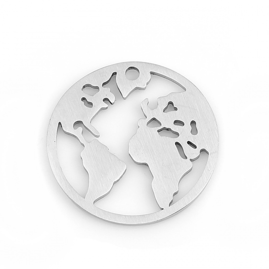 Picture of Stainless Steel Charms Round Silver Tone World Map 20mm( 6/8") Dia., 3 PCs
