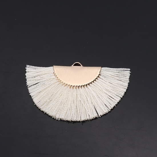 Picture of Rayon Tassel Pendants Fan-shaped Gold Plated Creamy-White About 44mm(1 6/8") x 27mm(1 1/8"), 2 PCs