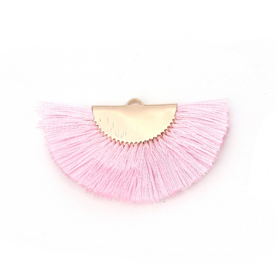 Picture of Rayon Tassel Pendants Fan-shaped Gold Plated Pink About 44mm(1 6/8") x 27mm(1 1/8"), 2 PCs
