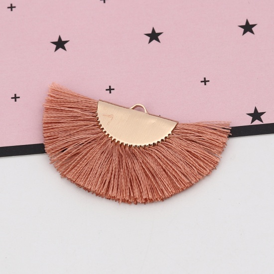 Picture of Rayon Tassel Pendants Fan-shaped Gold Plated Pale Pinkish Gray About 44mm(1 6/8") x 27mm(1 1/8"), 2 PCs