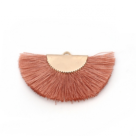 Picture of Rayon Tassel Pendants Fan-shaped Gold Plated Pale Pinkish Gray About 44mm(1 6/8") x 27mm(1 1/8"), 2 PCs