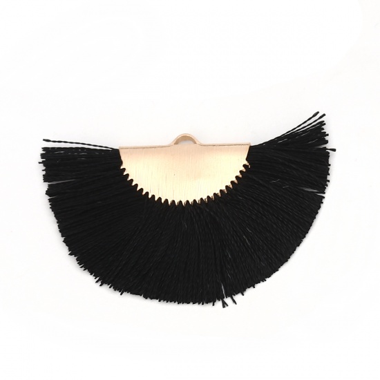 Picture of Rayon Tassel Pendants Fan-shaped Gold Plated Black About 44mm(1 6/8") x 27mm(1 1/8"), 2 PCs