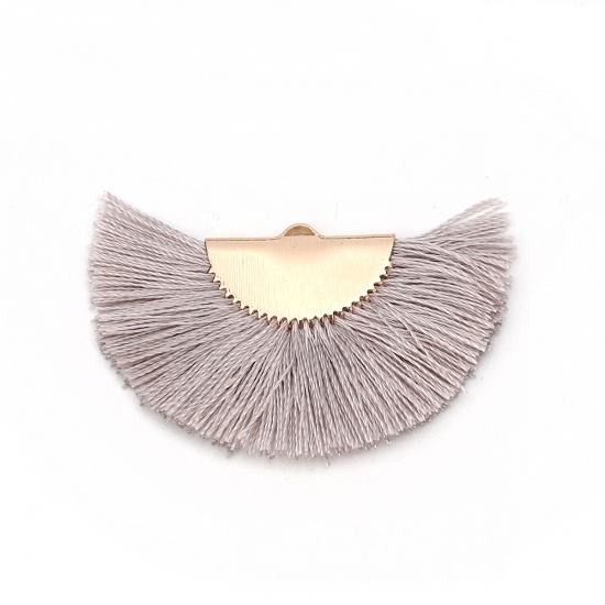 Picture of Rayon Tassel Pendants Fan-shaped Gold Plated Gray About 44mm(1 6/8") x 27mm(1 1/8"), 2 PCs