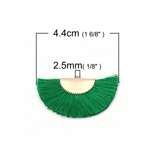 Picture of Rayon Tassel Pendants Fan-shaped Gold Plated Green About 44mm(1 6/8") x 27mm(1 1/8"), 2 PCs