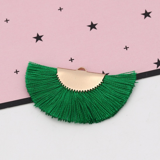 Picture of Rayon Tassel Pendants Fan-shaped Gold Plated Green About 44mm(1 6/8") x 27mm(1 1/8"), 2 PCs