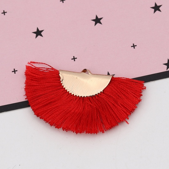 Picture of Rayon Tassel Pendants Fan-shaped Gold Plated Red About 44mm(1 6/8") x 27mm(1 1/8"), 2 PCs