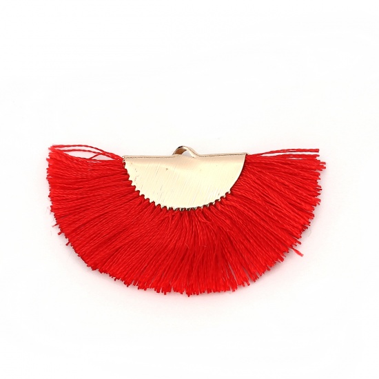 Picture of Rayon Tassel Pendants Fan-shaped Gold Plated Red About 44mm(1 6/8") x 27mm(1 1/8"), 2 PCs