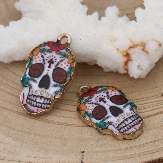 Picture of Zinc Based Alloy Halloween Charms Skull Gold Plated Multicolor Flower Enamel 22mm( 7/8") x 12mm( 4/8"), 10 PCs
