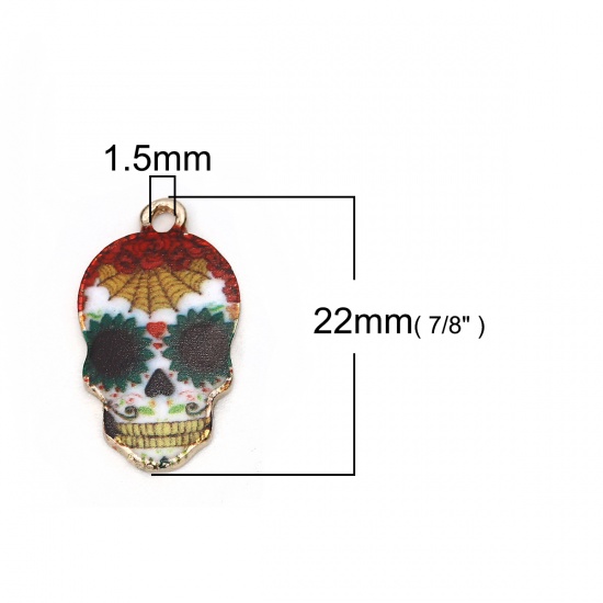 Picture of Zinc Based Alloy Halloween Charms Skull Gold Plated Multicolor Halloween Cobweb Enamel 22mm( 7/8") x 12mm( 4/8"), 10 PCs