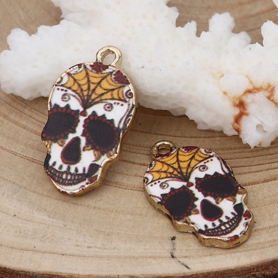 Picture of Zinc Based Alloy Halloween Charms Skull Gold Plated Multicolor Halloween Cobweb Enamel 22mm( 7/8") x 12mm( 4/8"), 10 PCs