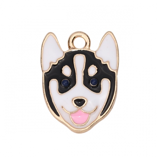 Picture of Zinc Based Alloy Charms Husky Animal Gold Plated Black & White Enamel 22mm( 7/8") x 16mm( 5/8"), 5 PCs