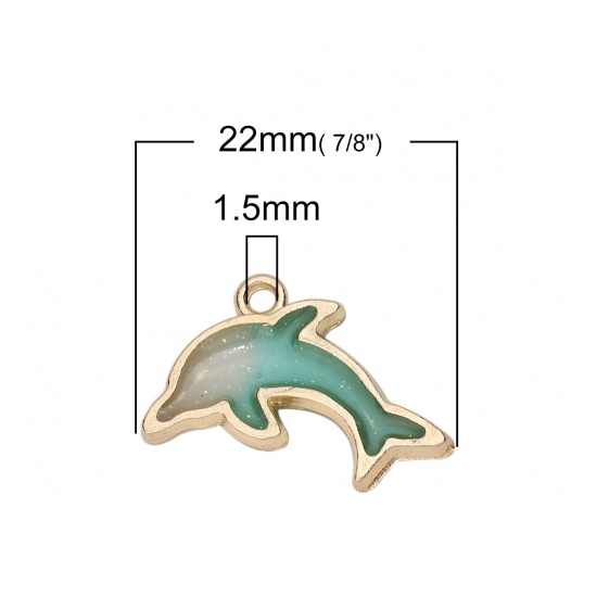 Picture of Zinc Based Alloy Ocean Jewelry Charms Dolphin Animal Gold Plated Blue Enamel Glitter 22mm( 7/8") x 14mm( 4/8"), 10 PCs