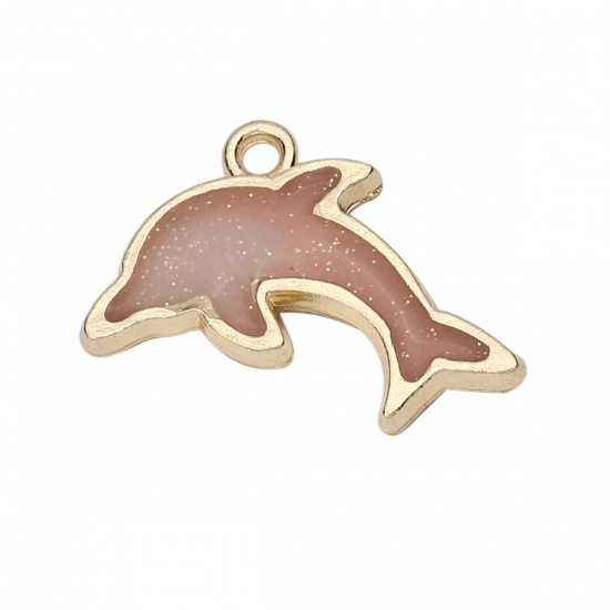 Picture of Zinc Based Alloy Ocean Jewelry Charms Dolphin Animal Gold Plated Pink Enamel Glitter 22mm( 7/8") x 14mm( 4/8"), 10 PCs