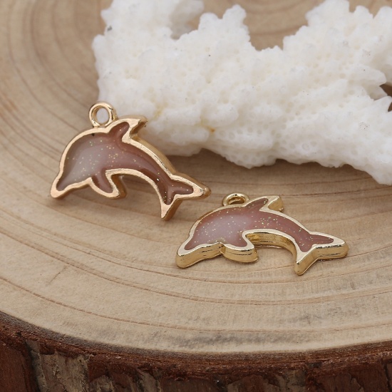 Picture of Zinc Based Alloy Ocean Jewelry Charms Dolphin Animal Gold Plated Pink Enamel Glitter 22mm( 7/8") x 14mm( 4/8"), 10 PCs