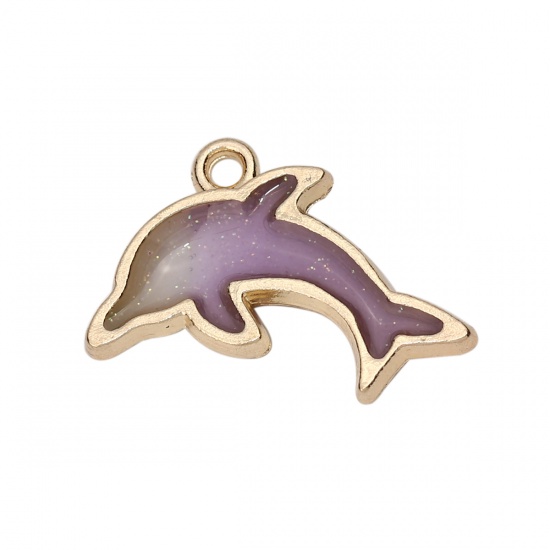 Picture of Zinc Based Alloy Ocean Jewelry Charms Dolphin Animal Gold Plated Purple Enamel Glitter 22mm( 7/8") x 14mm( 4/8"), 10 PCs