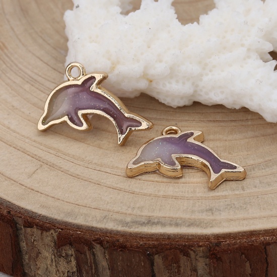 Picture of Zinc Based Alloy Ocean Jewelry Charms Dolphin Animal Gold Plated Purple Enamel Glitter 22mm( 7/8") x 14mm( 4/8"), 10 PCs