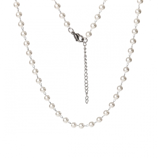 Imagen de 304 Acero Inoxidable & Acrílico Collares Tono de Plata Blanco Imitación de perla 45cm longitud, 1 Unidad