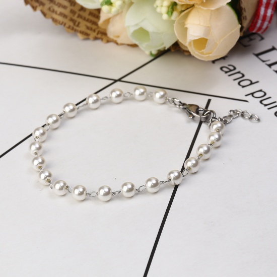 Picture of 304 Stainless Steel & Acrylic Bracelets Silver Tone White Imitation Pearl 18cm(7 1/8") long, 1 Piece