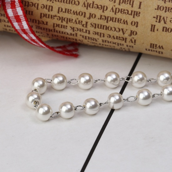 Picture of 304 Stainless Steel & Acrylic Bracelets Silver Tone White Imitation Pearl 18cm(7 1/8") long, 1 Piece