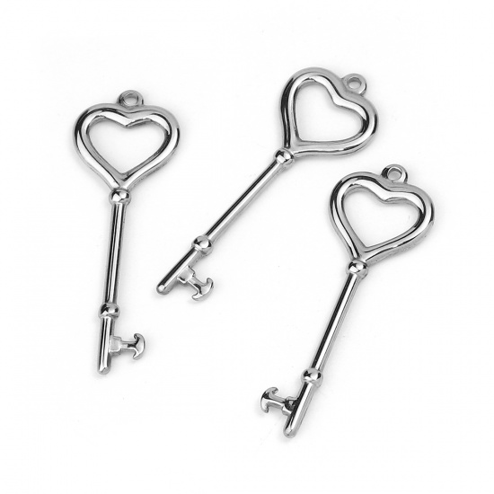 Immagine di 304 Acciaio Inossidabile Ciondoli Chiave Tono Argento Cuore 50mm x 18mm, 5 Pz