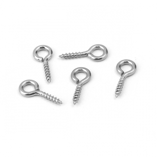 Picture of 304 Stainless Steel Screw Eyes Bails Top Drilled Findings Silver Tone 12mm( 4/8") x 5mm( 2/8"), 100 PCs