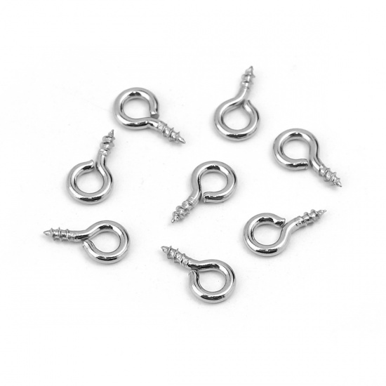 Picture of 304 Stainless Steel Screw Eyes Bails Top Drilled Findings Silver Tone 9mm( 3/8") x 5mm( 2/8"), 100 PCs