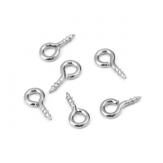 Picture of 304 Stainless Steel Screw Eyes Bails Top Drilled Findings Silver Tone 8mm( 3/8") x 4mm( 1/8"), 100 PCs