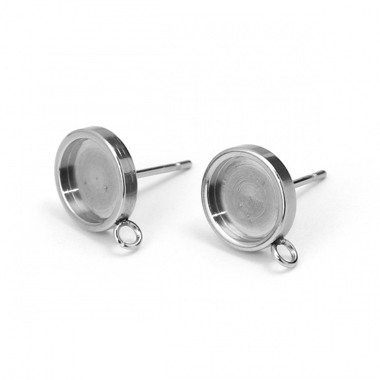 Bild von 304 Edelstahl Ohrring Ohrstecker Rund Silberfarbe Cabochon Fassung (für 8mm D.) Mit Öse 13mm x 10mm, Drahtstärke: (20 gauge), 10 Stück