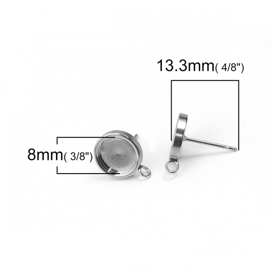 Bild von 304 Edelstahl Ohrring Ohrstecker Rund Silberfarbe Cabochon Fassung (für 8mm D.) Mit Öse 13mm x 10mm, Drahtstärke: (20 gauge), 10 Stück