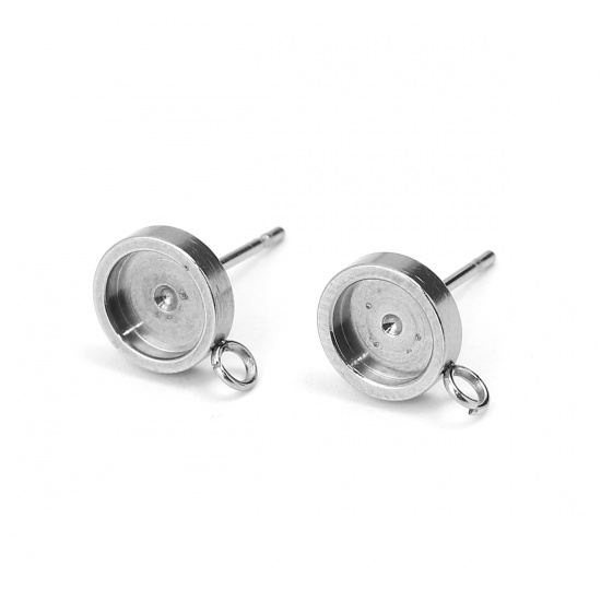 Picture of 304 Stainless Steel Ear Post Stud Earrings Round Silver Tone Cabochon Settings (Fits 10mm Dia.) W/ Loop 15mm( 5/8") x 12mm( 4/8"), Post/ Wire Size: (20 gauge), 10 PCs