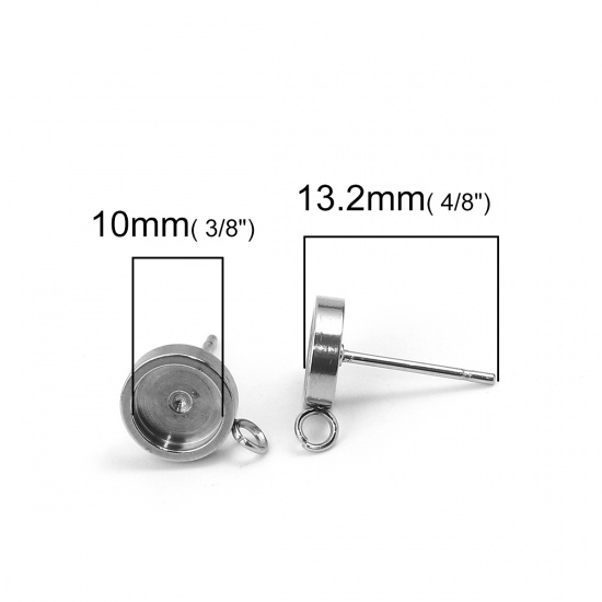 Picture of 304 Stainless Steel Ear Post Stud Earrings Round Silver Tone Cabochon Settings (Fits 10mm Dia.) W/ Loop 15mm( 5/8") x 12mm( 4/8"), Post/ Wire Size: (20 gauge), 10 PCs