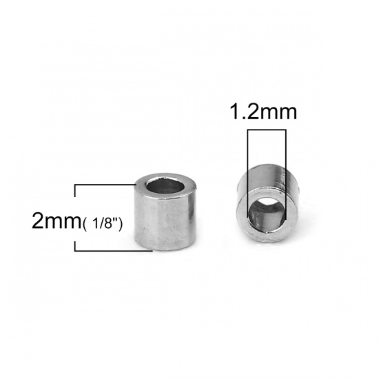 Picture of 304 Stainless Steel Spacer Beads Cylinder Silver Tone 2mm( 1/8") x 2mm( 1/8"), Hole: Approx 1.2mm, 50 PCs