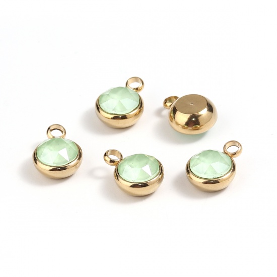 Image de Breloques en 304 Acier Inoxydable & Verre Rond Doré Vert Clair A Facettes 14mm x 10mm , 1 Pièce