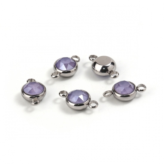 Immagine di 304 Acciaio Inossidabile & Vetro Connettore Tondo Tono Argento Blu Viola Sfaccettato 17mm x 10mm, 1 Pz