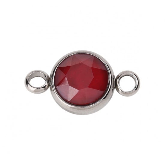 Picture of 304 Stainless Steel & Glass Connectors Round Silver Tone Wine Red Faceted 17mm x 10mm, 1 Piece