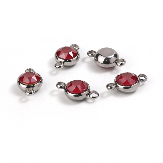 Picture of 304 Stainless Steel & Glass Connectors Round Silver Tone Wine Red Faceted 17mm x 10mm, 1 Piece